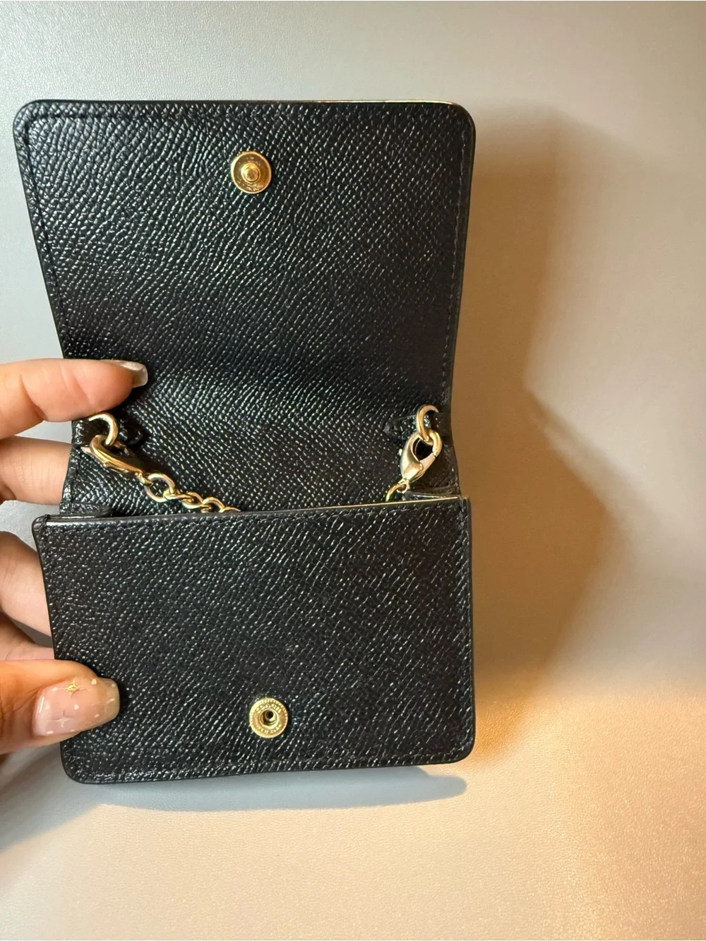 Coach Black Crossgrain Leather Chain Card Case Wallet Gold Chain 🖤